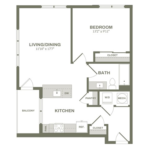 Floor plan for 1 bed, 1 bath, 728 sqft